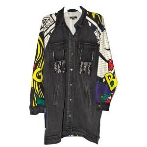 For Her NYC Denim Jacket Women's Black Excellent Pop Art Comic Print 1X/2X
